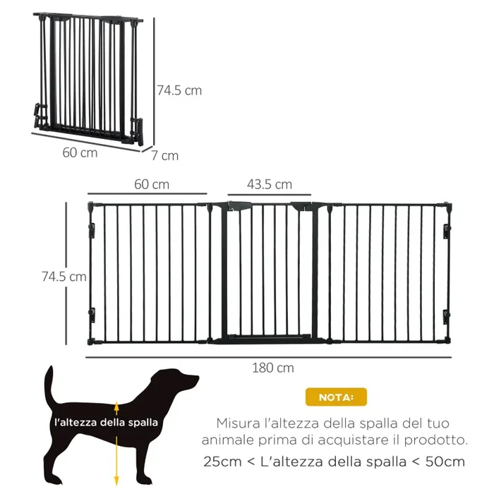 Cancellino per Cani Taglia Piccola e Media Pieghevole a 3 Pannelli 180x3x74,5 cm in Metallo e Plastica Nero - immagine 3