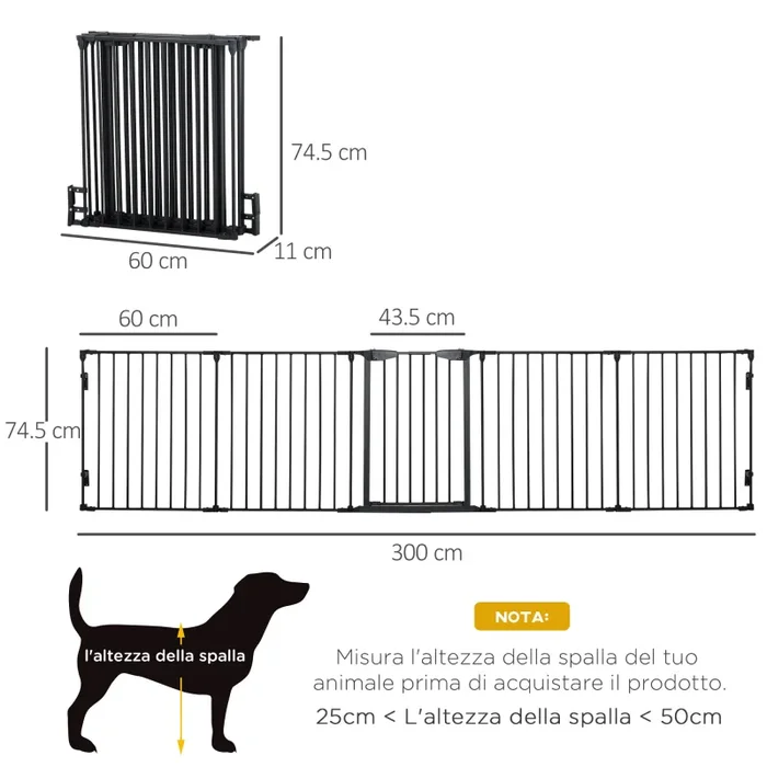 Cancellino per Cani Taglia Piccola e Media Pieghevole a 5 Pannelli 300x3x74,5 cm in Metallo e Plastica Nero - immagine 3