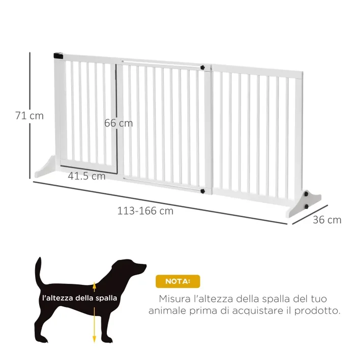 Cancellino per Cani Taglia Regolabile a 3 Pannelli 113-166x36x71 cm in Legno di Pino Bianco - immagine 3