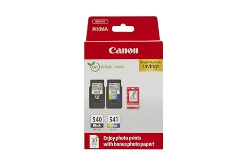 Canon Confezione multipla cartucce d’inchiostro Cartucce d’inchiostro originali per stampanti PG-540/CL-541confezione da 2(1 nero,1a colori) e carta fotografica 4×6(50 fogli)-Compatibile con le PIXMA