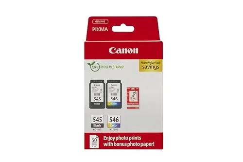 Canon Confezione multipla cartucce d’inchiostro Cartucce d’inchiostro originali per stampantiPG-545/CL-546 confezione da 2(1nero,1a colore) e carta fotografica 4×6(50 fogli)-Compatibile PIXMA