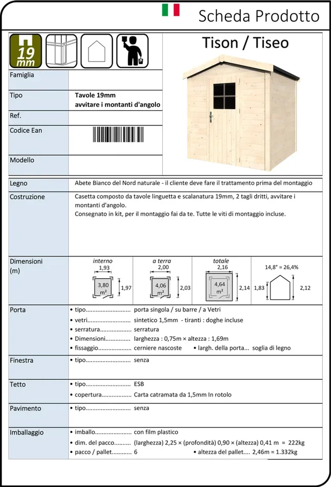 Casetta Box da Giardino per Attrezzi 2,16×2,14m Senza Pavimento in Legno Abete 19mm Tison - immagine 2