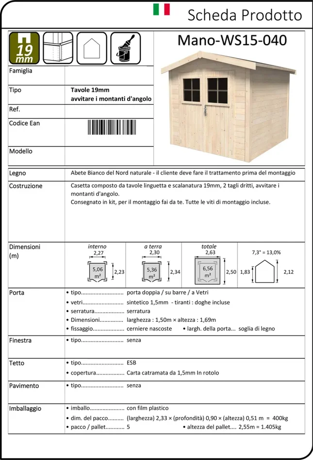 Casetta Box da Giardino per Attrezzi 2,63×2,50m Senza Pavimento in Legno Abete 19mm Mano-WS15-040 - immagine 3