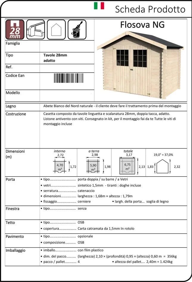 Casetta Box da Giardino per Attrezzi 3,17×2,13m Senza Pavimento in Legno Abete 28mm Flosova NG - immagine 2