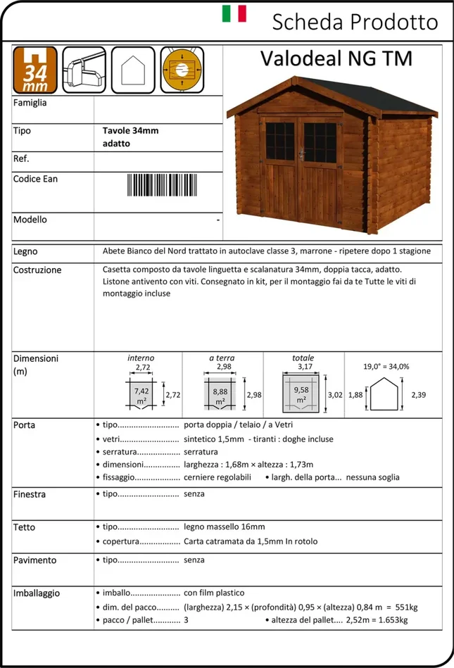 Casetta Box da Giardino per Attrezzi 3,17×3,02m Senza Pavimento in Legno Abete 34mm Valodeal NG TM - immagine 2