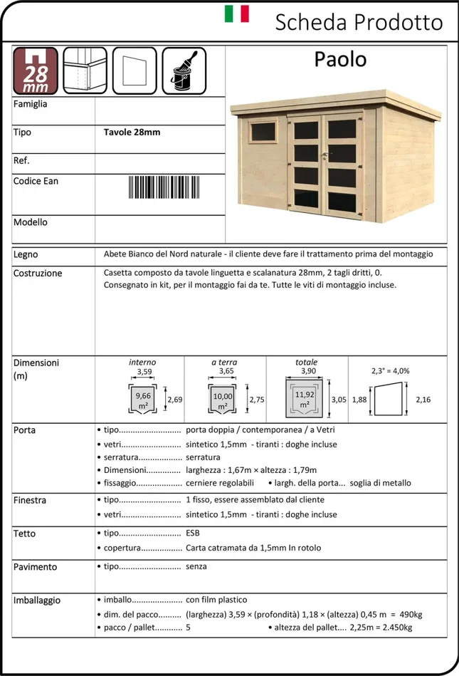 Casetta Box da Giardino per Attrezzi 3,90×3,05m Senza Pavimento in Legno Abete 28mm Paolo In saldo - immagine 3