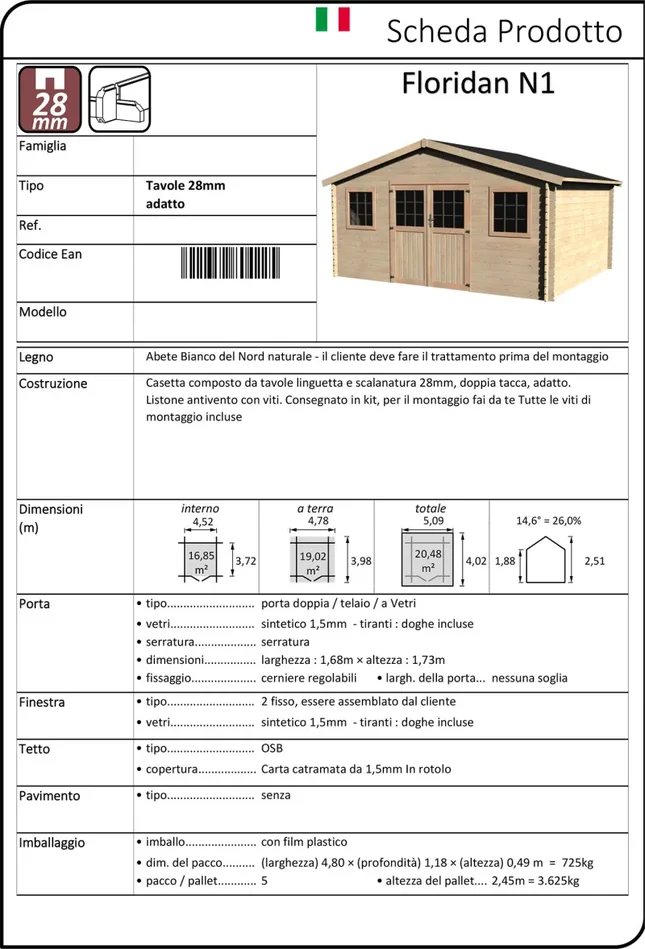 Casetta Box da Giardino per Attrezzi 4,78×3,98m Senza Pavimento in Legno Abete 28mm Floridan N1 - immagine 3