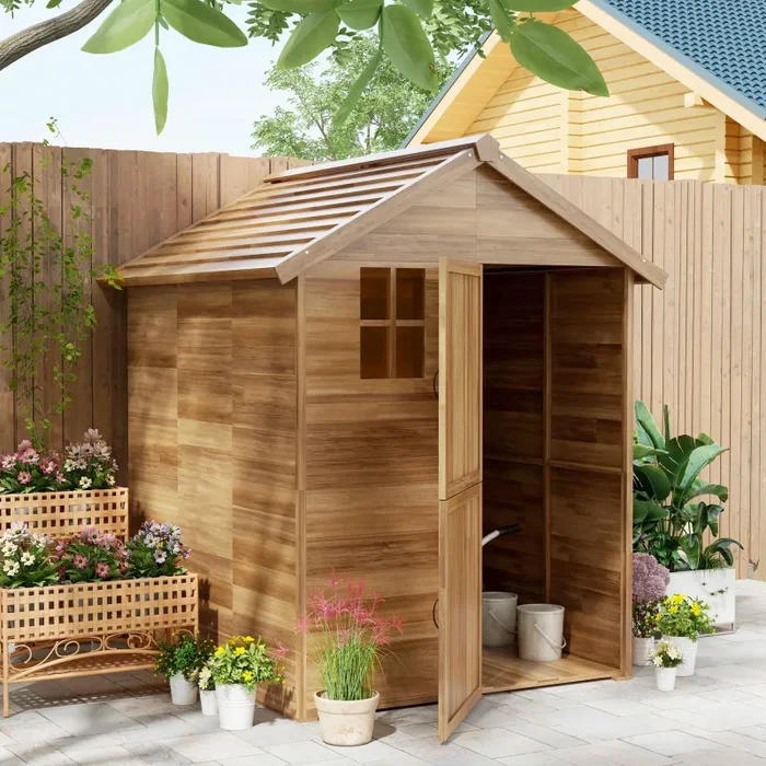 Casetta da Giardino in Legno 1.8x2m con Porta Doppia Finestra e Base Inclusa Colore Legno Saldi - immagine 2