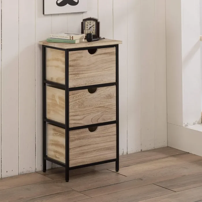 Cassettiera 2 Cassetti 38x28x74 cm in Metallo e Legno Karen Nero/Naturale