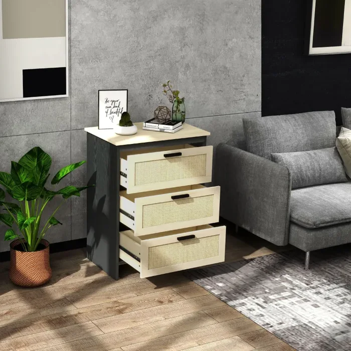 Cassettiera 3 Cassetti 60x40x80 cm in Truciolato e Rattan Nero e Color Legno - immagine 2