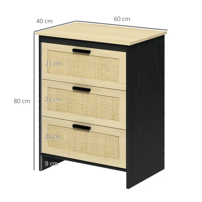 Cassettiera 3 Cassetti 60x40x80 cm in Truciolato e Rattan Nero e Color Legno - immagine 3