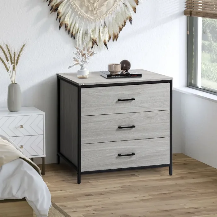 Cassettiera 3 Cassetti 80x48x78 cm in Legno e Acciaio Grigio Chiaro - immagine 2