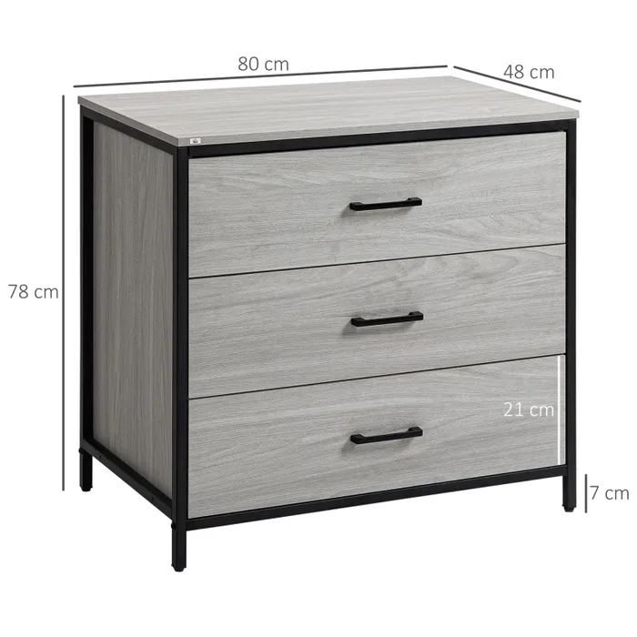 Cassettiera 3 Cassetti 80x48x78 cm in Legno e Acciaio Grigio Chiaro - immagine 3