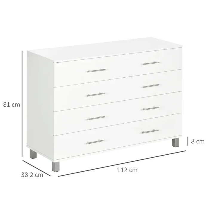 Cassettiera 4 Cassetti 112×38,2×81 cm in Legno con Maniglie in Metallo Bianco - immagine 3