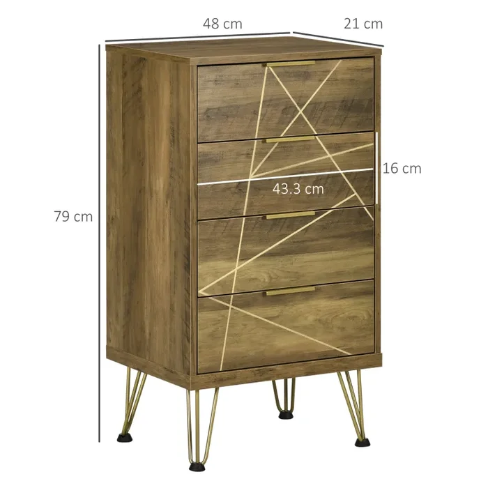 Cassettiera 4 Cassetti 48x21x79 cm in Truciolato Legno e Oro - immagine 3