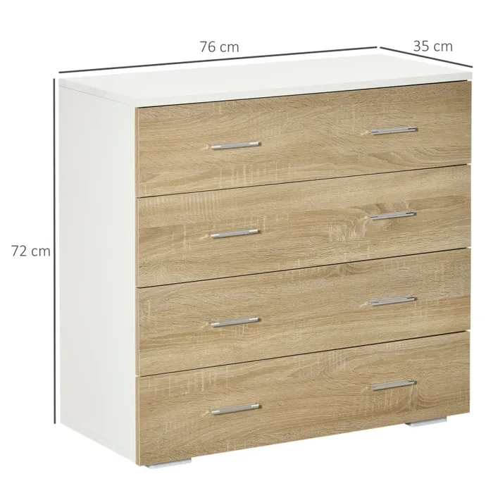 Cassettiera 4 Cassetti 76x35x72 cm in Legno e Maniglie in Alluminio Bianco e Rovere Online ora - immagine 3