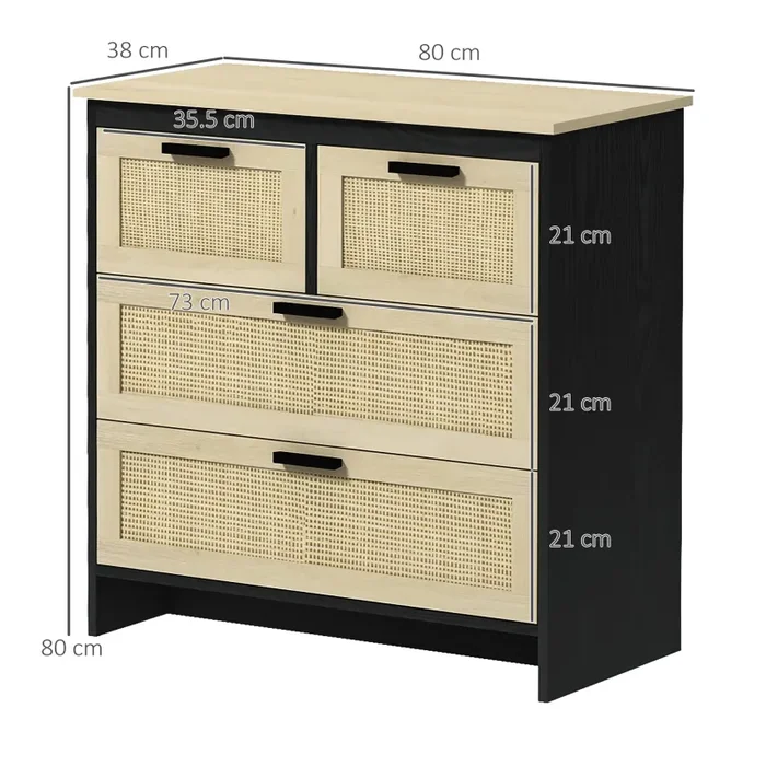 Cassettiera 4 Cassetti 80x38x80 cm in Truciolato e Rattan Nero e Color Legno - immagine 3
