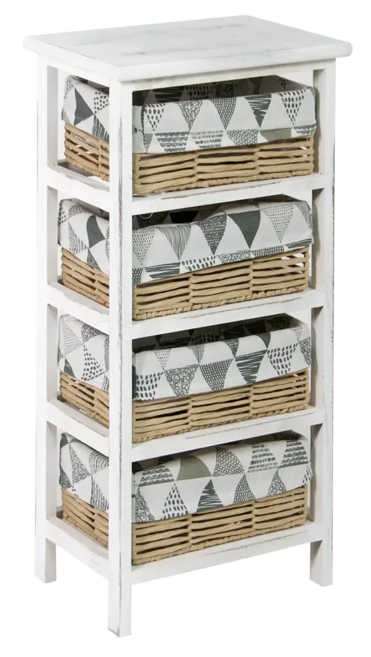 Cassettiera 4 Cesti in Vimini 35x25x71 cm in Legno Massello Fumer Nancy Bianca