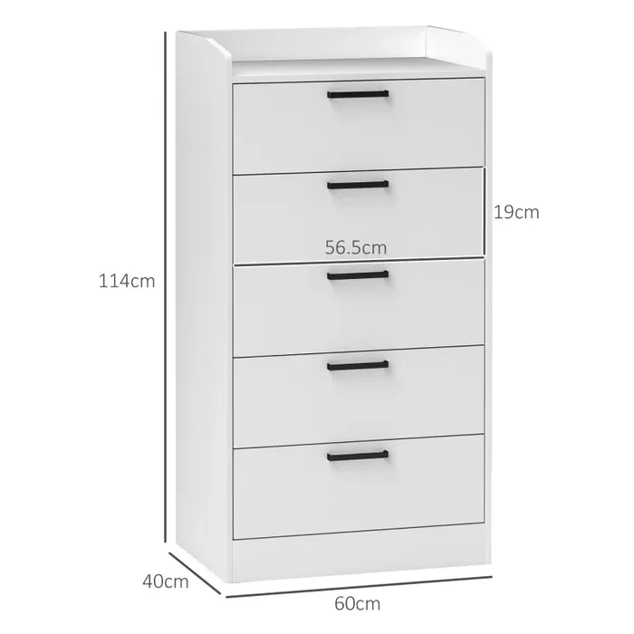 Cassettiera 5 Cassetti 60x40x114 cm in Legno Bianco - immagine 3