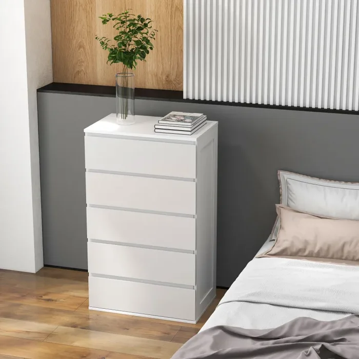 Cassettiera 5 Cassetti con Maniglie Scanalate 60x38x100 cm in Legno Bianco - immagine 2