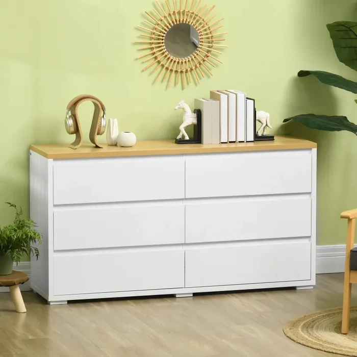 Cassettiera 6 Cassetti 140x37x75 cm in Truciolato Bianco e Color Legno - immagine 2