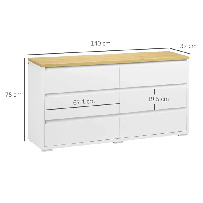 Cassettiera 6 Cassetti 140x37x75 cm in Truciolato Bianco e Color Legno - immagine 3