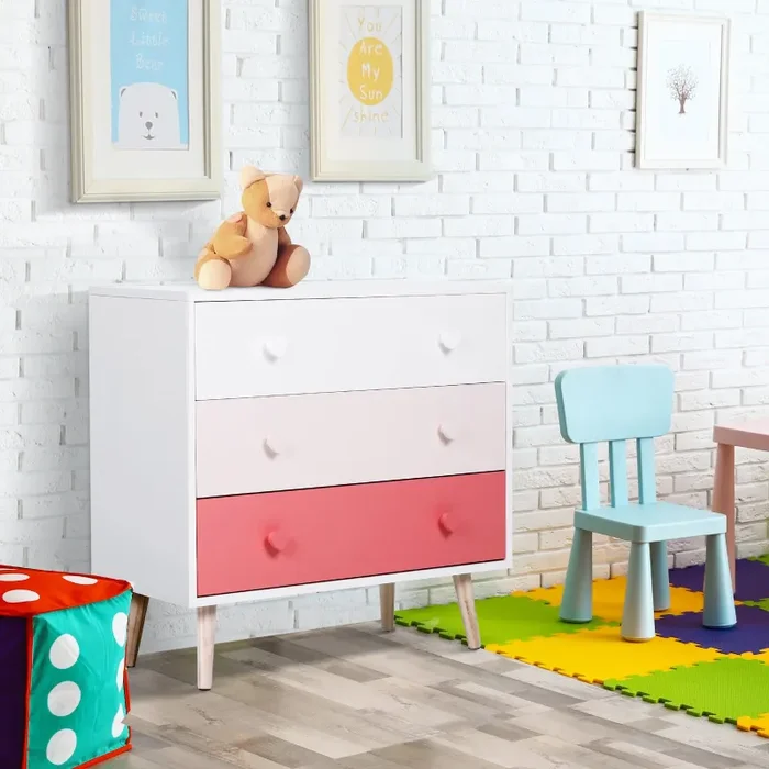 Cassettiera con 3 Cassetti in Legno di Pino 90x42x80 cm Bianco e Rosa - immagine 2