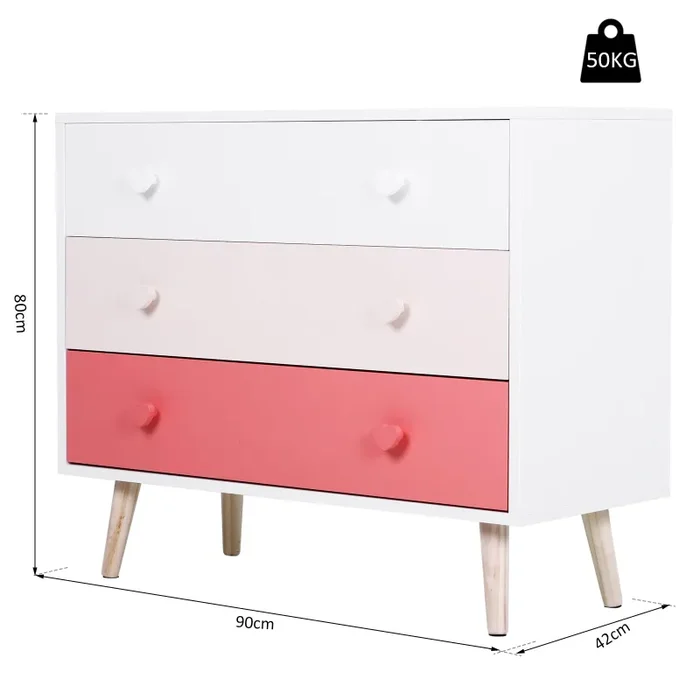 Cassettiera con 3 Cassetti in Legno di Pino 90x42x80 cm Bianco e Rosa - immagine 3