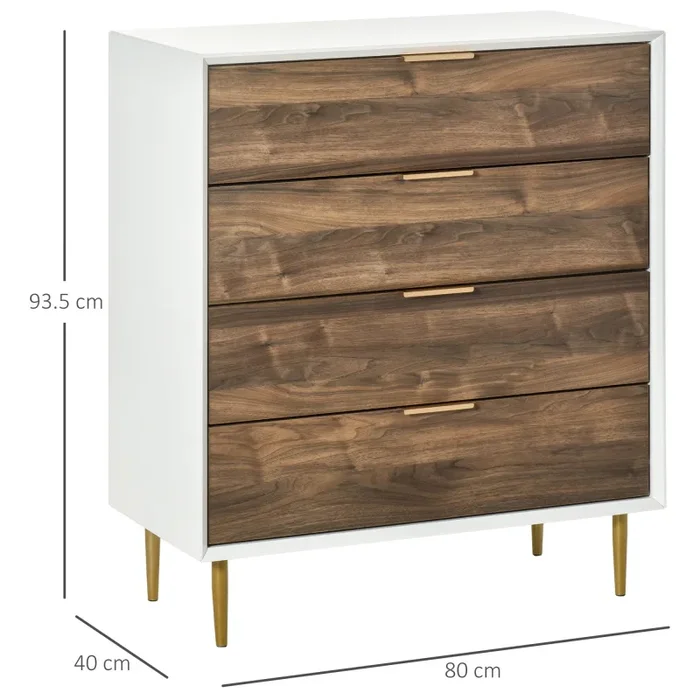 Cassettiera con 4 Cassetti 80x40x93,5 cm in MDF Bianco e Noce - immagine 3