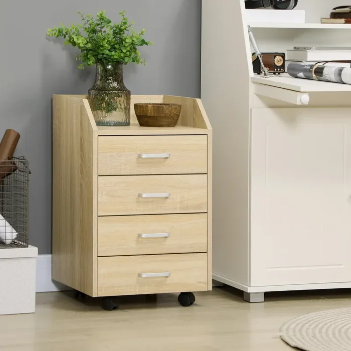 Cassettiera da Ufficio con 4 Cassetti Ruote e Bordi Rialzati 40x36x65 cm in Legno Legno Naturale - immagine 2