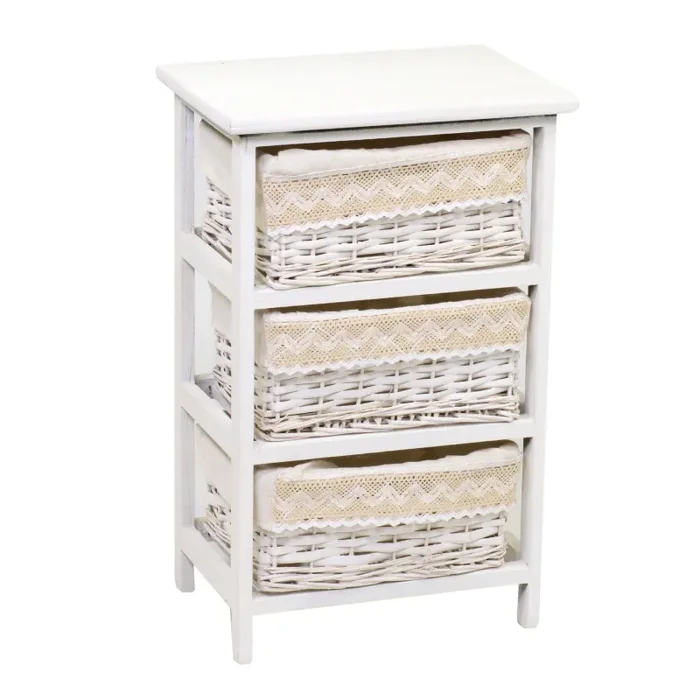 Cassettiera in Legno e Vimini 3 Cassetti 38x28H60,5cm Orietta Bianca