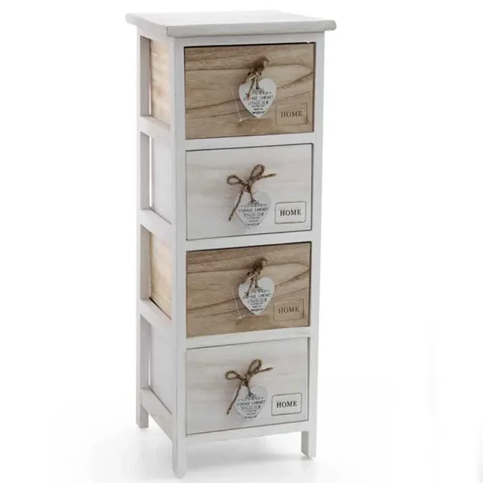 Cassettiera Mobile Salvaspazio 4 Cassetti Legno Slim Decoro Retro Design Cuori
