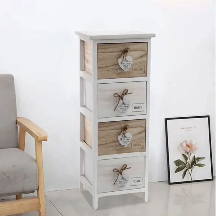 Cassettiera Mobile Salvaspazio 4 Cassetti Legno Slim Decoro Retro Design Cuori - immagine 2