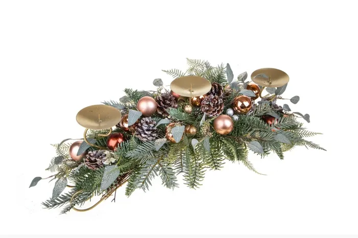 Centrotavola Natalizio 72 cm per 3 Candele con Sfere Decorative Moda