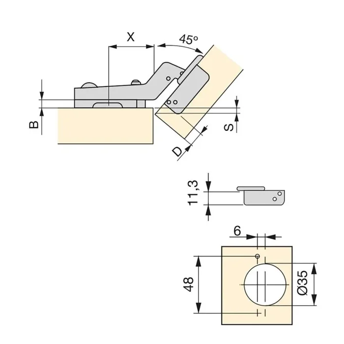Cerniera a Scodellino 35 mm Braccio Angolare 45º Chiusura Ammortizzata Basetta Euro 10 Pezzi Emuca - immagine 2
