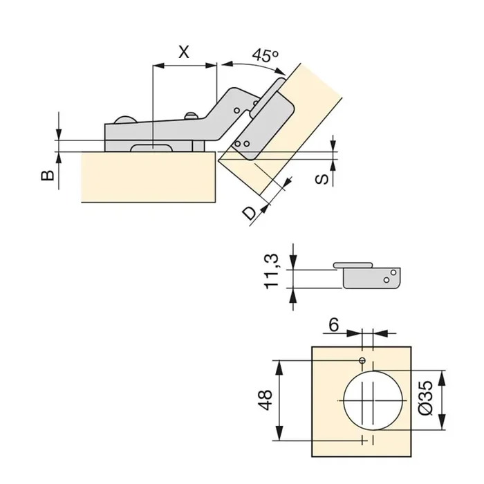 Cerniera a Scodellino 35 mm Braccio Angolare 45º Chiusura Ammortizzata con Basetta 10 Pezzi Emuca - immagine 2
