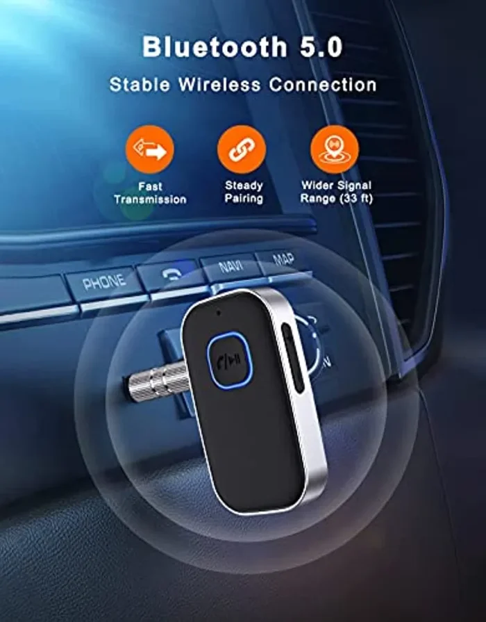 Cocoda Ricevitore Bluetooth Auto con 3.5mm Jack, Cancellazione del Rumore Adattatore Bluetooth Auto per Stereo Casa, Cuffie Cablate, Chiamate in Vivavoce (16 Ore di Riproduzione & Dual Link) - immagine 2