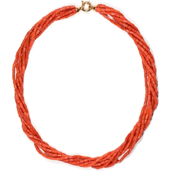 Collana Torchon in corallo rosso con moschettone rotondo