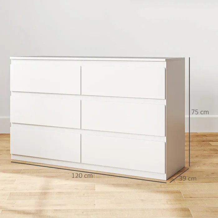 Comò Cassettiera 6 Cassetti 120x39x75 cm con Maniglie a Gola in Legno Bianco Moda - immagine 3