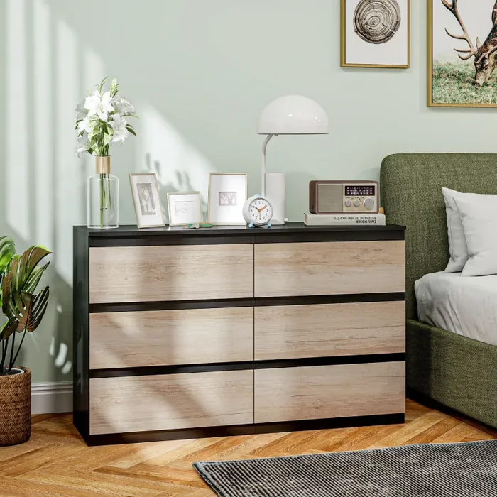 Comò Cassettiera 6 Cassetti 120x39x75 cm con Maniglie a Gola in Legno Nera e color Legno - immagine 2