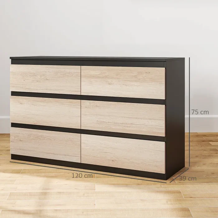 Comò Cassettiera 6 Cassetti 120x39x75 cm con Maniglie a Gola in Legno Nera e color Legno - immagine 3