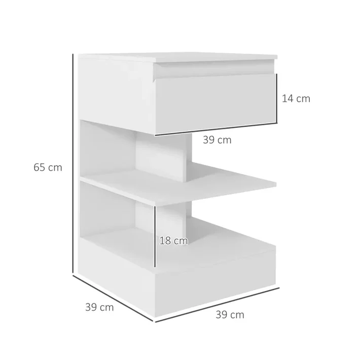 Comodino 39x39x65 cm 2 Ripiani 1 Cassetto in Truciolato Bianco Moda - immagine 3