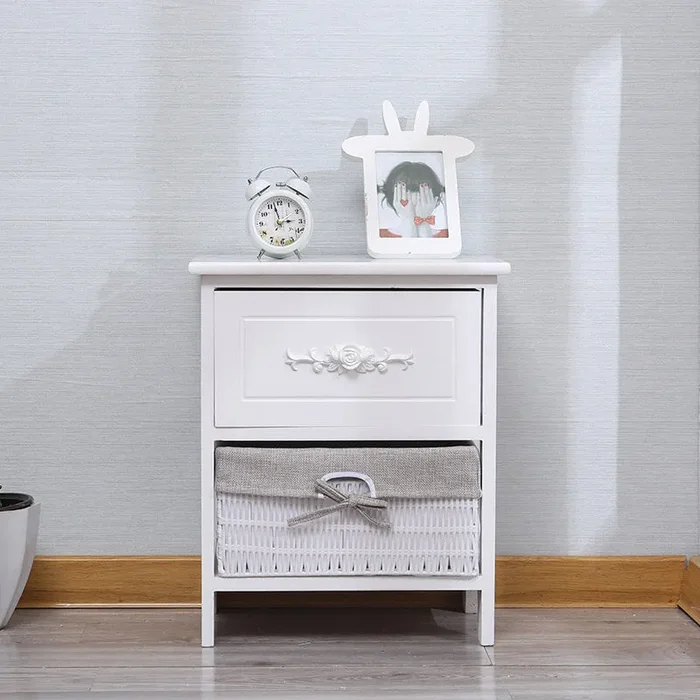 Comodino con 2 Cassetti 40x30x48 cm in Legno Massello Fumer Carol Bianco - immagine 2