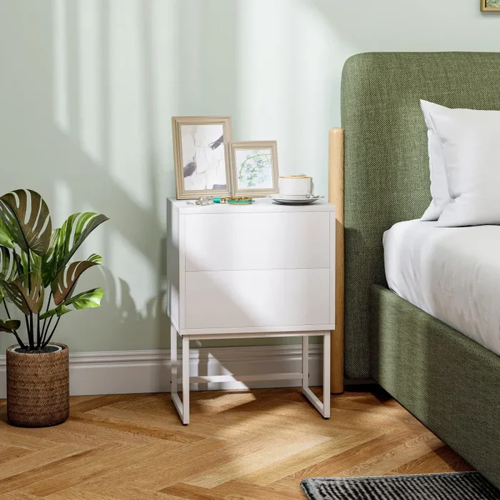 Comodino Moderno a 2 Cassetti con Apertura a Pressione 40x30x50 cm in MDF e Acciaio Bianco - immagine 2