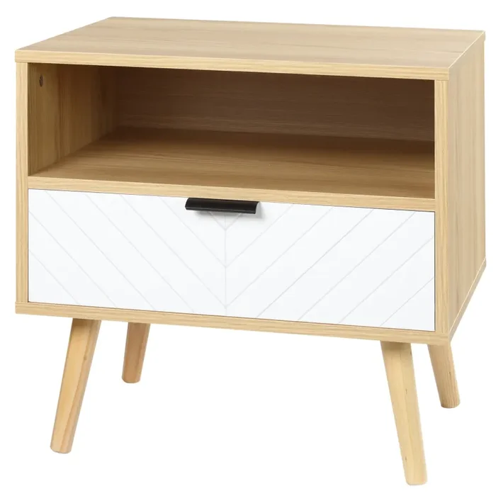 Comodino Moderno con Cassetto Estraibile e Ripiano Aperto 50×39,5×49,5 cm in Legno Bianco e color Legno