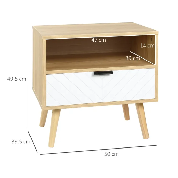Comodino Moderno con Cassetto Estraibile e Ripiano Aperto 50×39,5×49,5 cm in Legno Bianco e color Legno - immagine 3