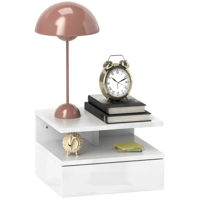 Comodino Sospeso 35x32x22,5 cm con Cassetto e Ripiano Aperto in Legno Bianco Fornitura