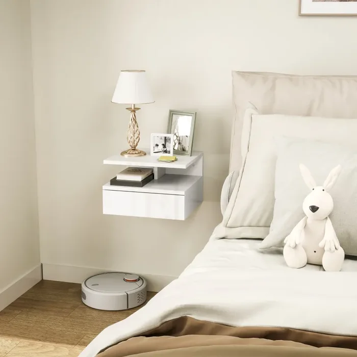 Comodino Sospeso 35x32x22,5 cm con Cassetto e Ripiano Aperto in Legno Bianco Fornitura - immagine 2