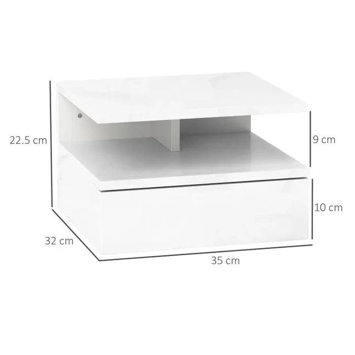 Comodino Sospeso 35x32x22,5 cm con Cassetto e Ripiano Aperto in Legno Bianco Fornitura - immagine 3
