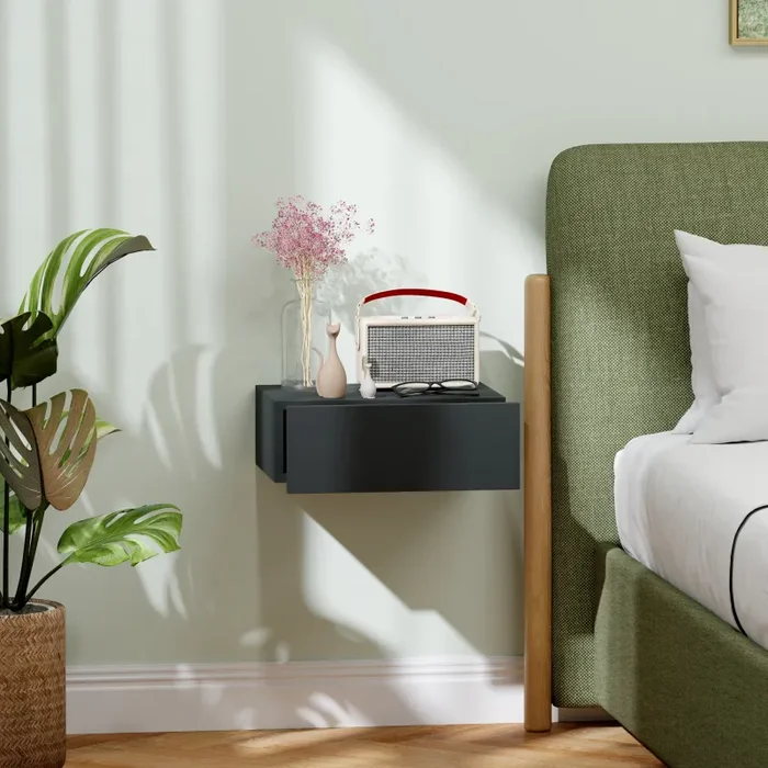 Comodino Sospeso Moderno 40x30x15 cm con Cassetto in Legno Nero Fornitura - immagine 2